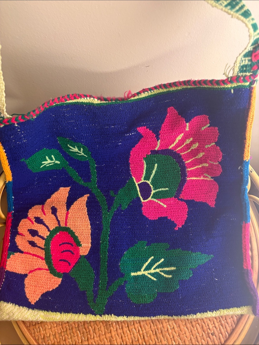Handwoven Floral Shoulder Bag in Navy with Pink and Green